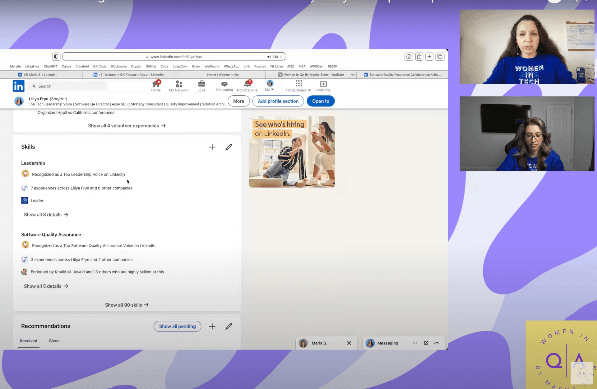 Video call with two women discussing a LinkedIn profile page on screen, highlighting skills and recommendations.
