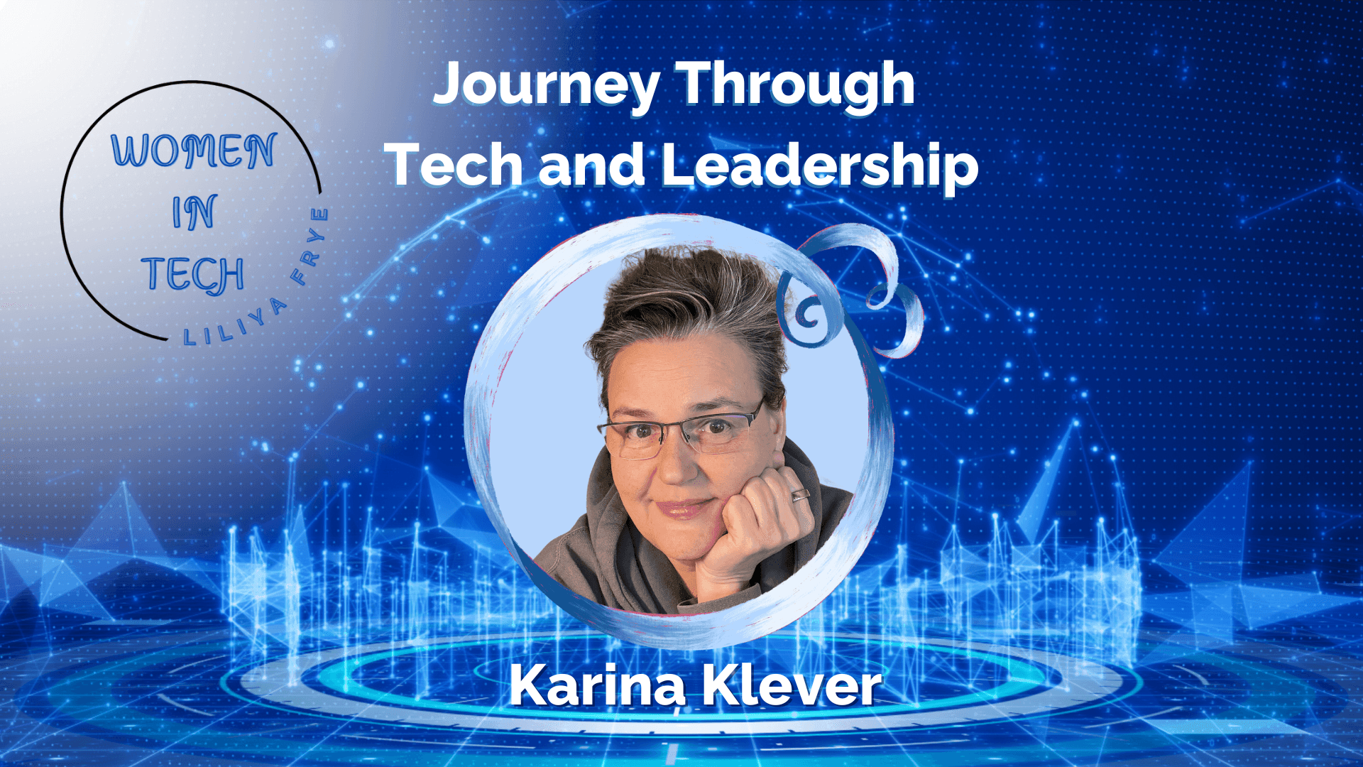 Digital portrait with tech-themed background and text 'Journey Through Tech and Leadership'.